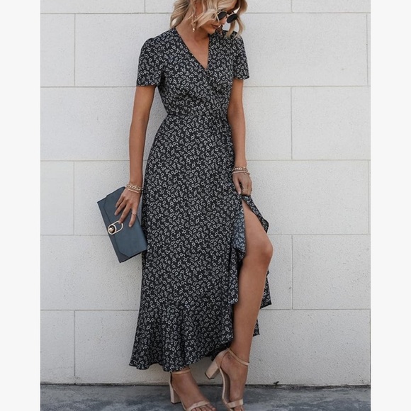 PRETTYGARDEN Maxi Dress Wrap Floral Boho Short Sleeve Black & White Sz L - Picture 2 of 9